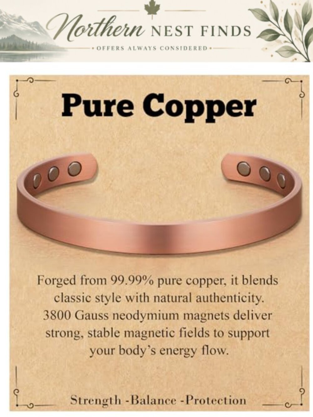 Solid Copper Magnetic Bracelet for Men Adjustable 3-Row Magnets Handmade Gift